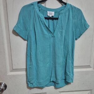 Olive & Oak Women's Teal V-Neck Short Sleeve Blouse